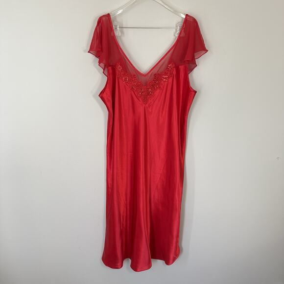 VTG GLAMOROUS SHINY Liquid SATIN Maxi Midi Dress SLIP Long GOWN Beaded Red 2X - Picture 1 of 8